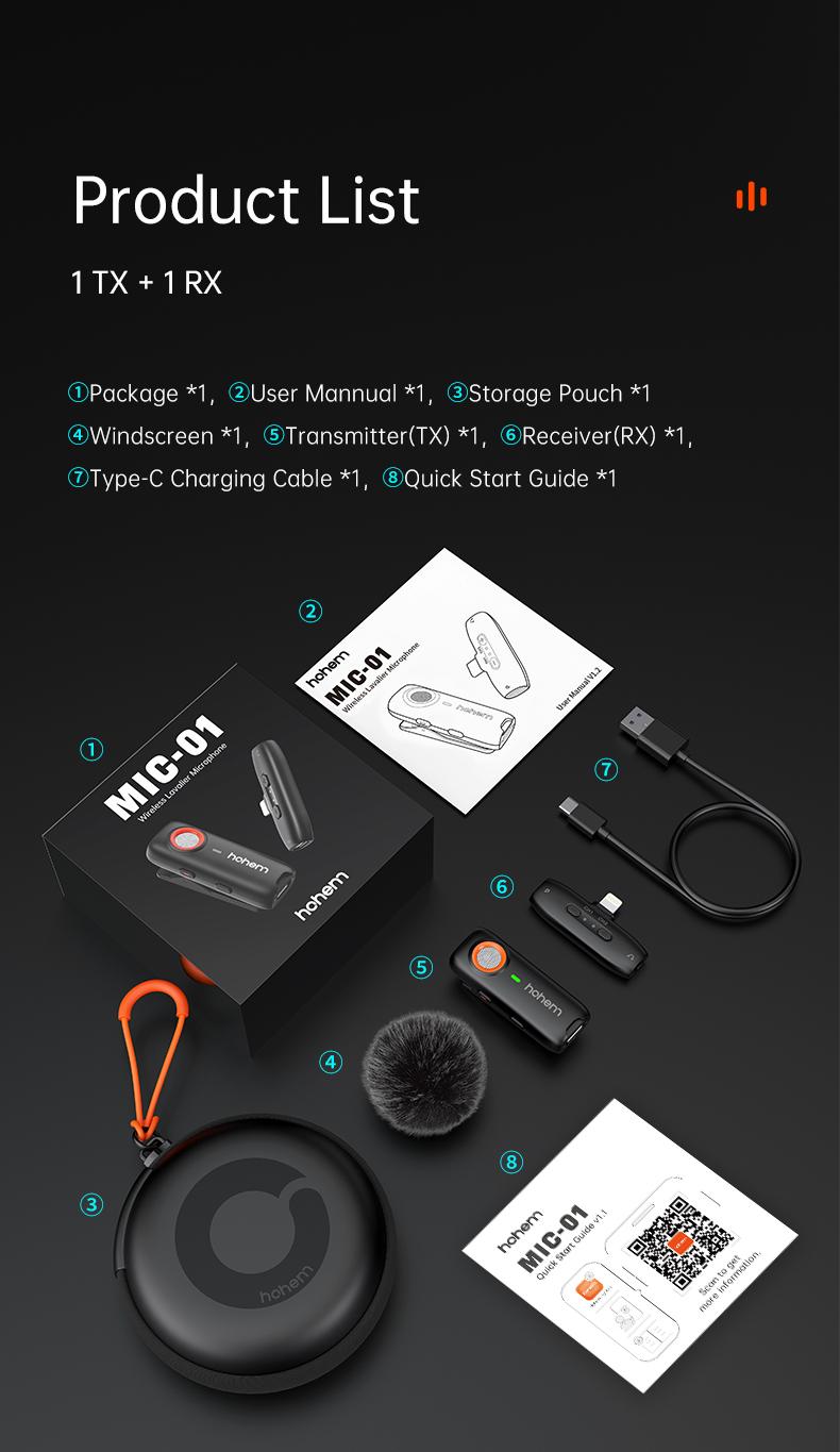 hohem MIC-01 Wireless Lavalier Microphone, DSP Noise Cancellation, 20-Hours Battery, Wireless Mircophone for Android, PC, Camera, Interview, Vlogs (1 TX + 1 RX ), Perfect with hohem iSteady M6/iSteady MT2/iSteady Mobile+ Audio  Microphone