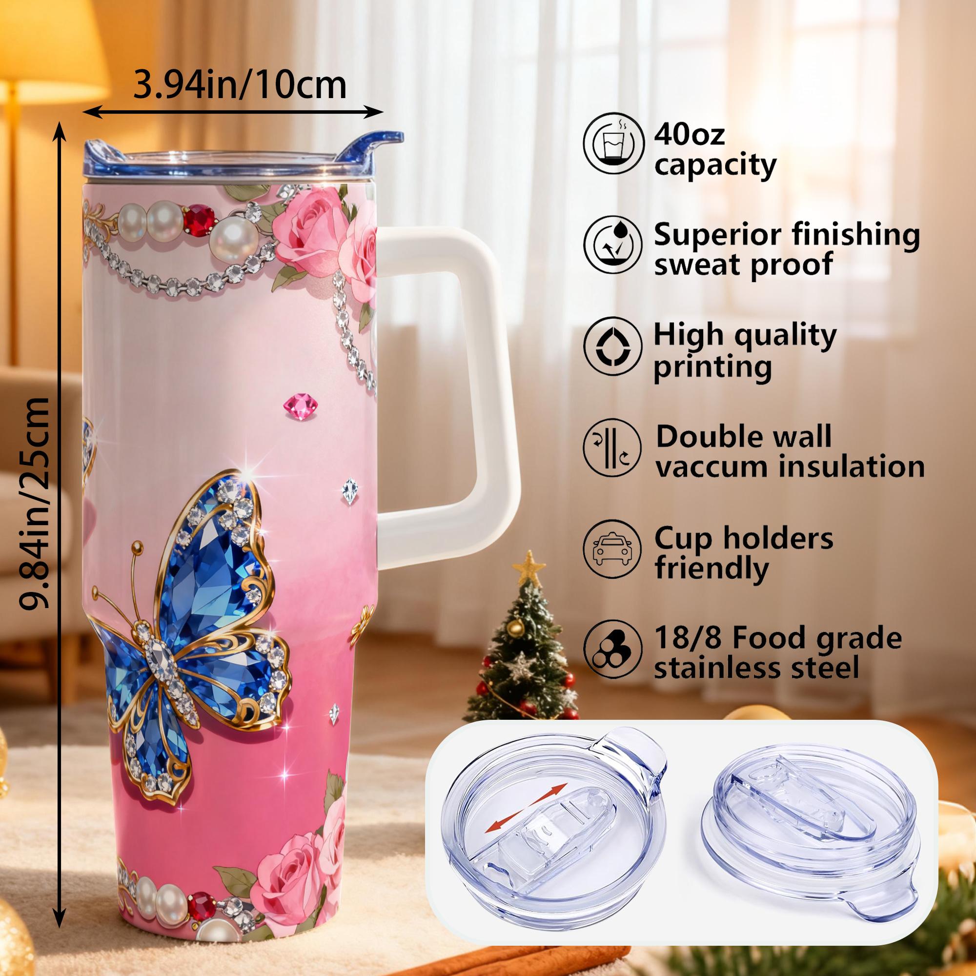 1pc, 40oz/30oz/20oz/14oz Stainless Steel Cup Insulated Water Cup Blue Gem Butterfly & Rose Adorned Double Wall Vacuum Insulated Cup, Leakproof Lid & Carry Handle Travel Mug Insulated Tumbler for Outdoor Camping Hiking, Gift for Dad