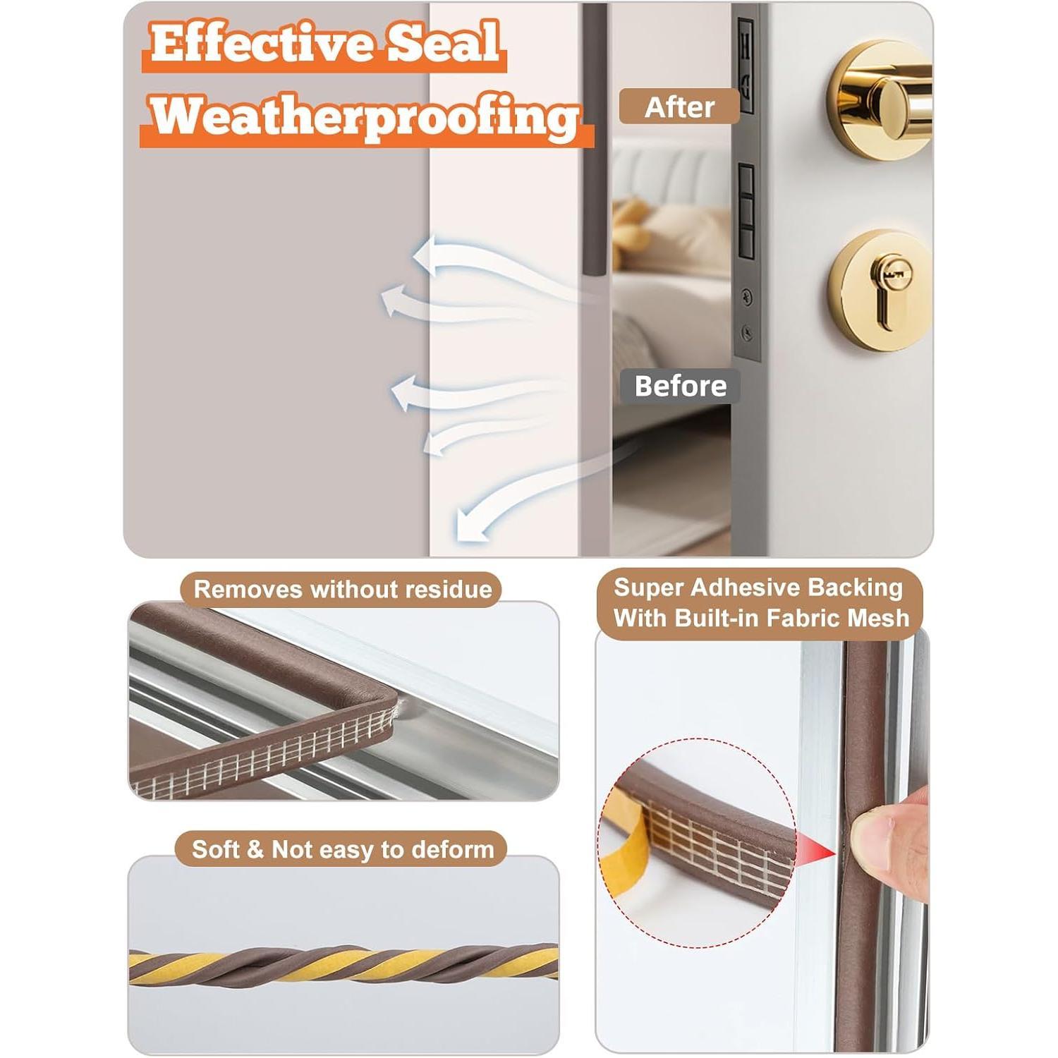 32.8 Ft Weather Stripping Door Seal Strip,Self Adhesive Door Soundproofing D Shaped Weatherstripping for Door Frame/Window,Brown,3/8" W × 1/4" T