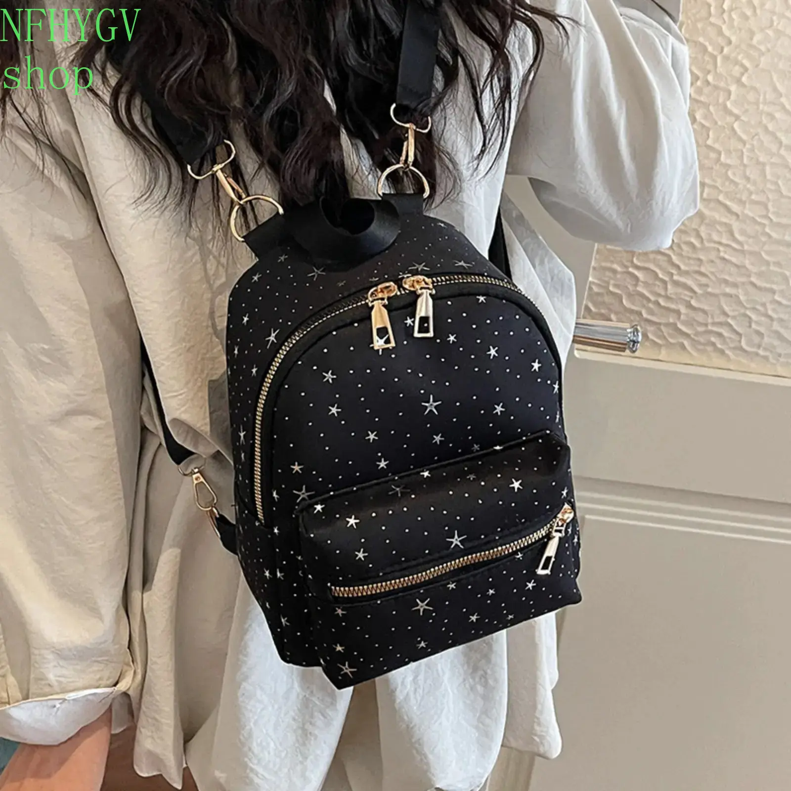 Women’s Star‑Print Nylon Mini Backpack, Portable Dustproof Convertible Hands‑Free Bag, Multifunctional Crossbody & Shoulder Purse for Daily Use, College And Travel
