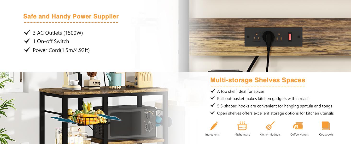 Recaceik Bakers Rack for Kitchen with Power Outlet Microwave Oven Stand Metal Wire Basket Organiser with Hooks Retro Storage Furniture Utility Shelf for Indoor Display Rack summervibes