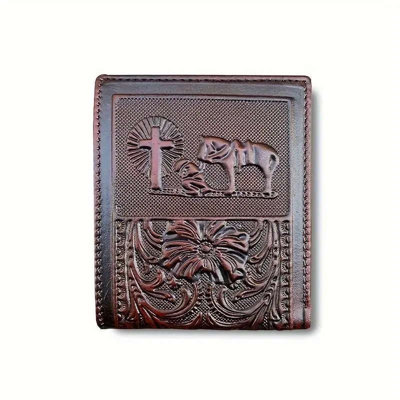 Men's Leather Western Bifolding Flap Wallet - Embossed Prayer Art Motif, Short Design, Multi Card Slots for IDs (Luggage & Bags, Men's Card & ID Cases)