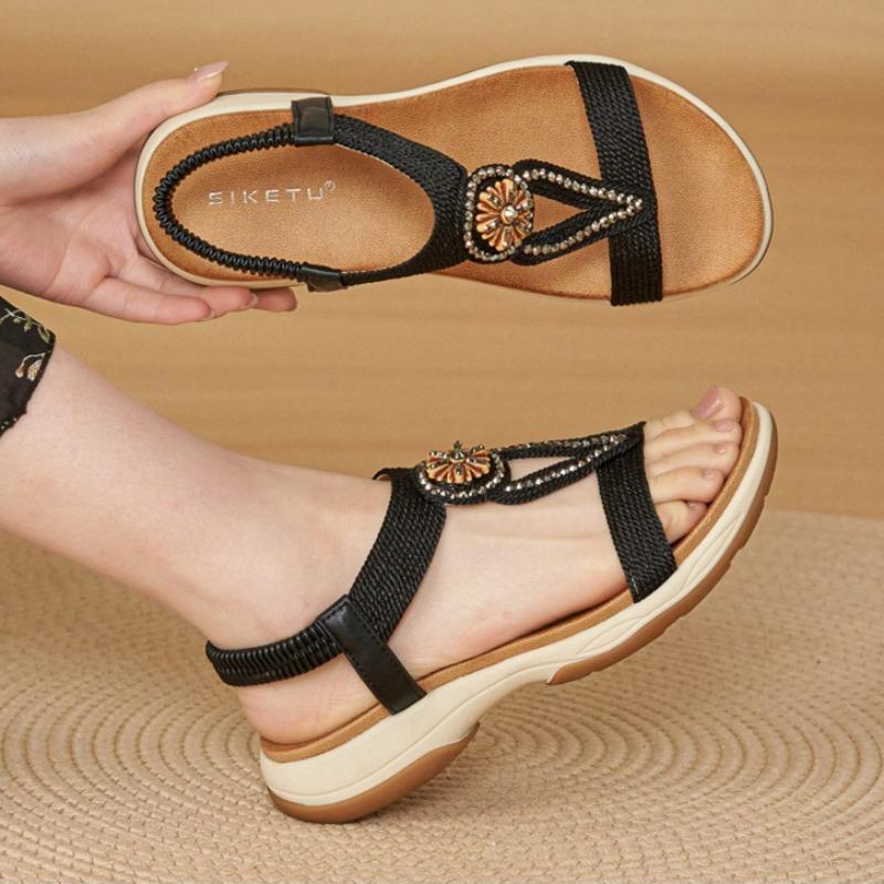 Women’s Boho Beaded T-Strap Sandals, Elastic Slingback Non-Slip TPR Soft Platform Summer Daily Beach Sandals