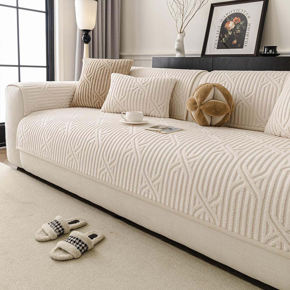 Comfortable Cross-Stitch Plush Sofa Cushion, Thick Soft Pet-Friendly Universal Sofa Protector, Non-Slip Faux Fur Chair Cover for Living Room Bedroom Office Decor