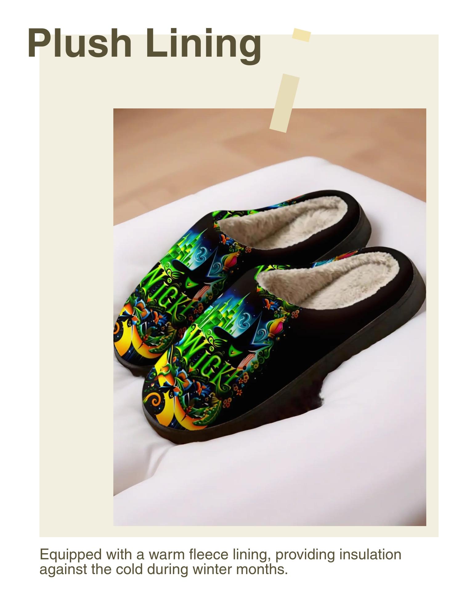 Halloween Graphic Plush Slippers 1 Pair | Dark Art Style | Warm Fleece Lined Anti-Slip Sole | Unisex Cozy Indoor Winter Wear