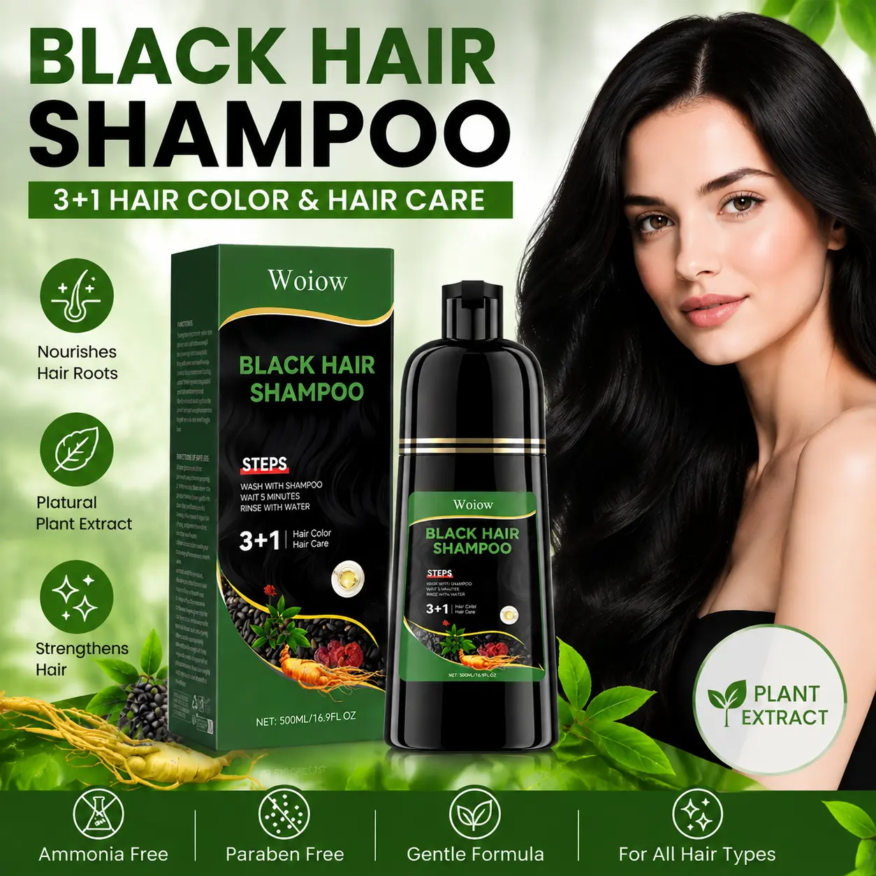 Black Hair Dye Shampoo, 3+1 Herbal Color with Ginseng for Silver Hair Coverage, Long-Lasting Hair care for Women & Men, 500ml
