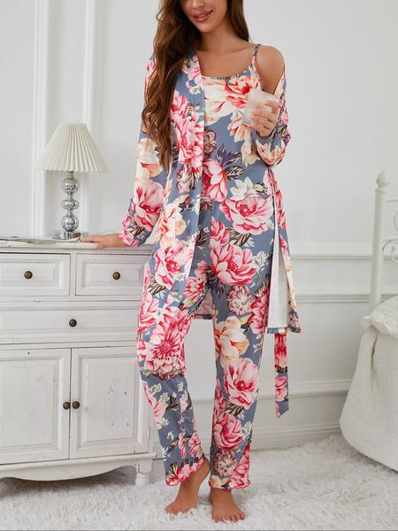 Floral Print Women's Robe Set + Strap Pants Three-Piece Comfortable Sleepwear Suit, Pajamas, Casual Home Wear for All Seasons