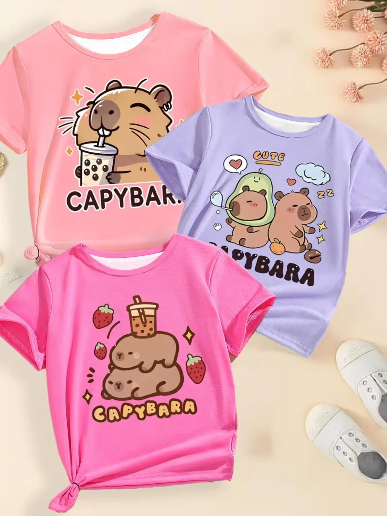 3-Piece Set Kids' Casual Fitted Short Sleeve T-Shirts, Cute Capybara All over Print, Perfect for Daily Wear & Outdoor Activities, Cartoon Print Tee