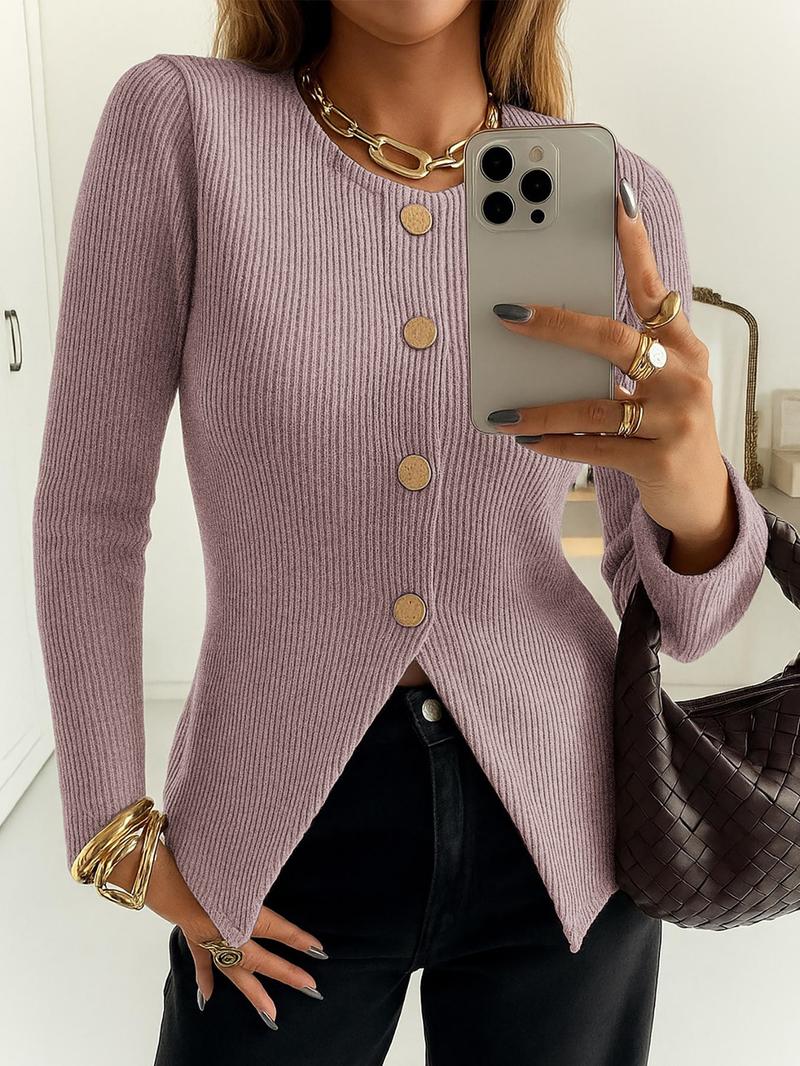 Women's Elegant Ribbed Knit Button-Front Long Sleeve Top, Casual Elegant Fitted Design in Medium-Weight Fabric for All-Season Wear