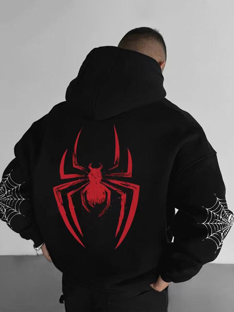Unisex design, autumn and winter street style hooded sweatshirt with a spider pattern print, featuring cord fasteners and kangaroo pocket design. Perfect for everyday outings; comfortable fabric; stylish for the streets, versatile, trendy, suitable for ca