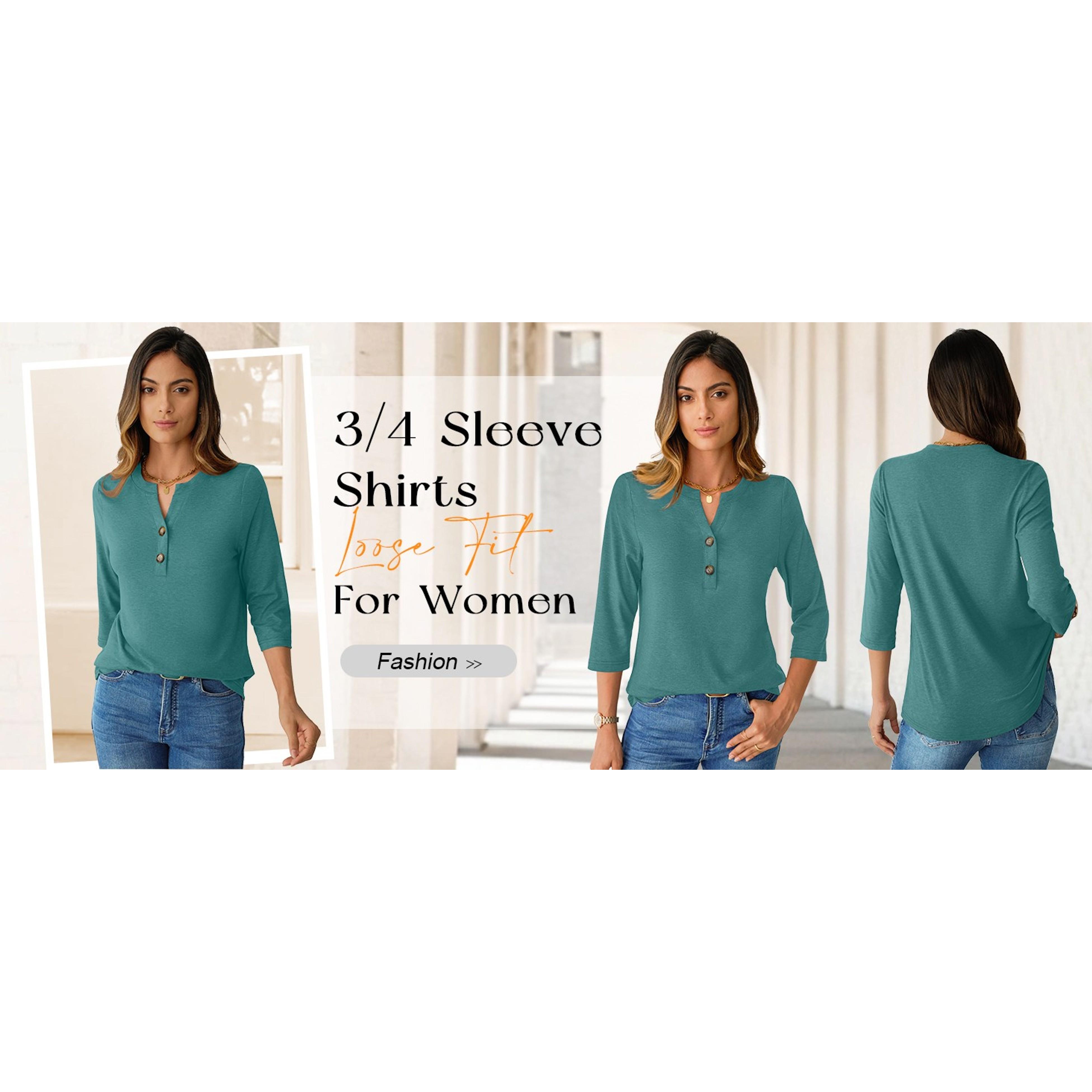 Womens 3/4 Sleeve V Neck Button Down Henley Shirts Business Casual Basic Tees Summer Top(Gift)