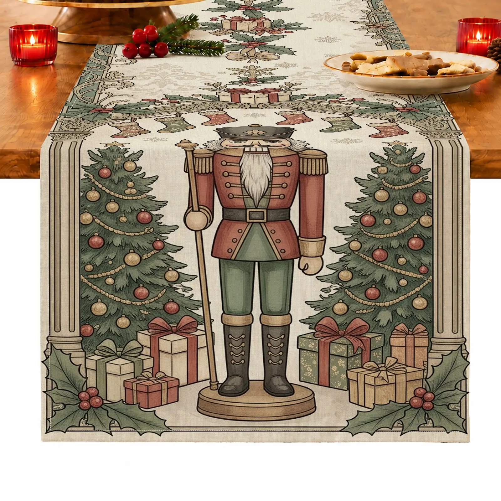 1pc Nutcracker Christmas Tree Gift Box & Holly Table Runner, Vintage Christmas Style, for Dining Table, Kitchen, Christmas Dinner & Holiday Gathering, Christmas Table Decoration and Festive Home Decor