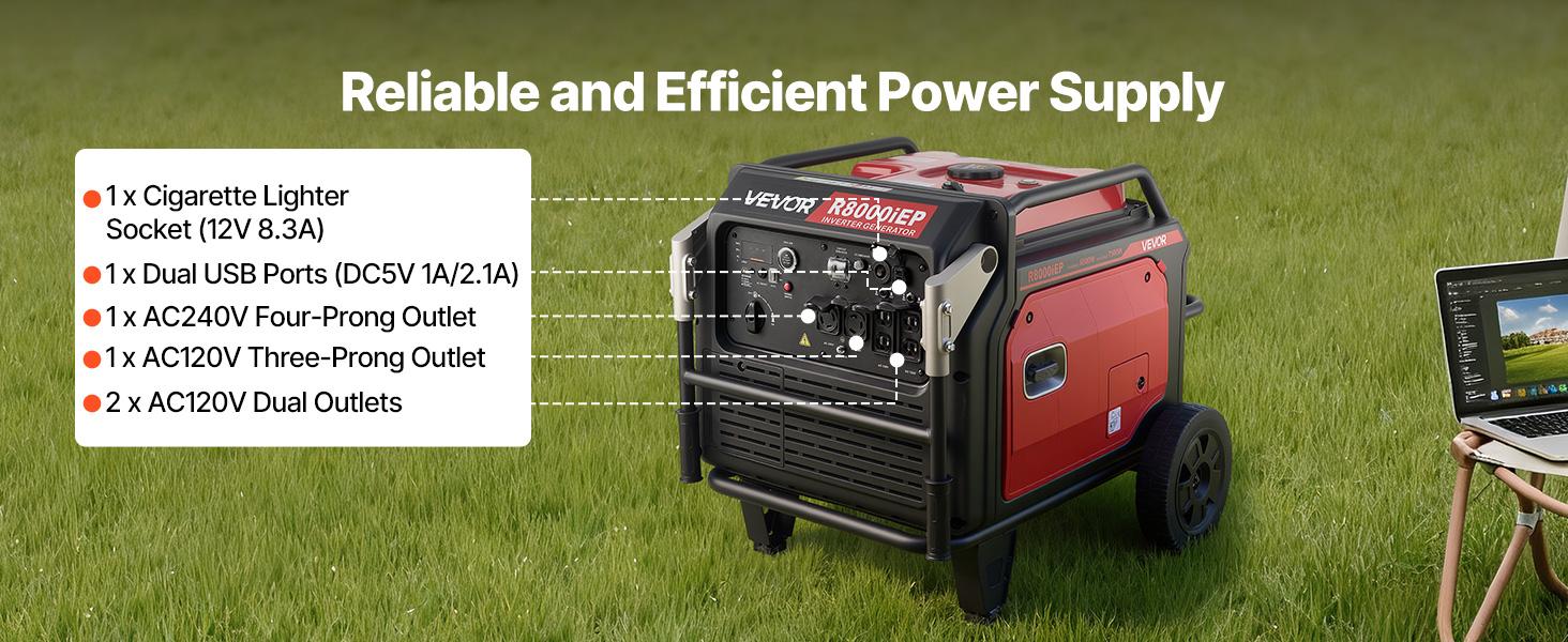 VEVOR Inverter Generator, 10000W Peak Watt 6800W Operating Watt Quiet Inverter Generator, Remote Start Inverters Generators for Home Outdoor, Gas Powered, Stable Power, CO Sensor, RV Ready 1A 2.1A Outlets, Long Run Time