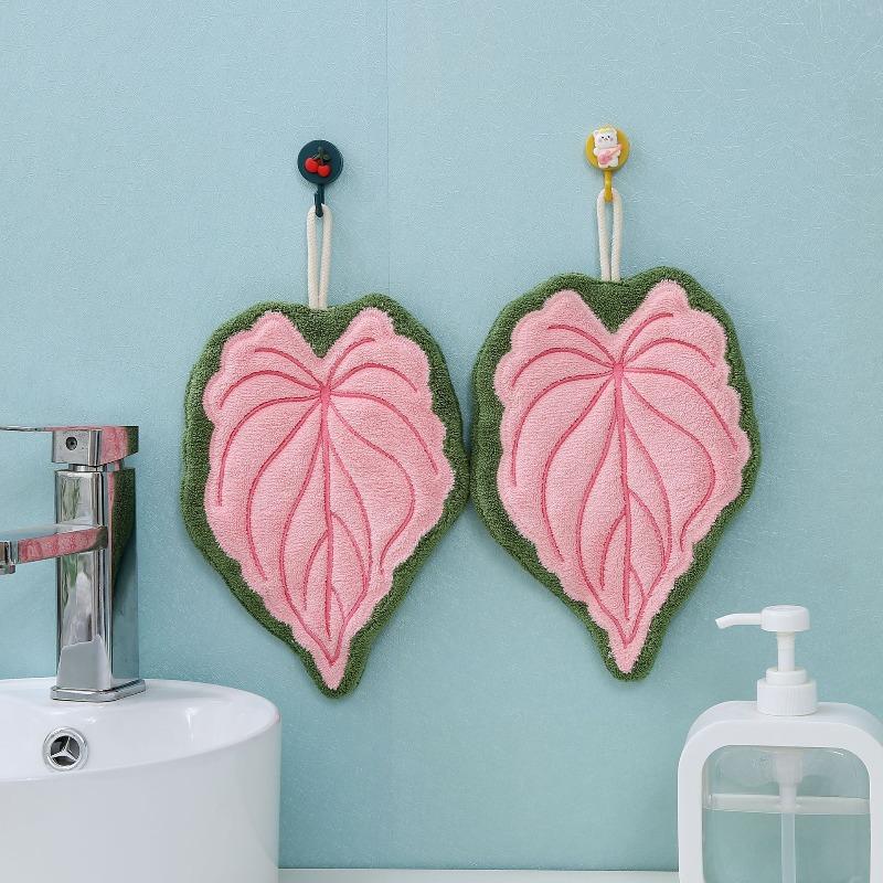 1 Pack Leaf Shaped Coral Fleece Hanging Hand Towel | Thickened Absorbent Lint-Free Quick-Drying | Multi-Purpose Towel Cleaning Cloth for Kids Home Kitchen Bathroom Daily Use