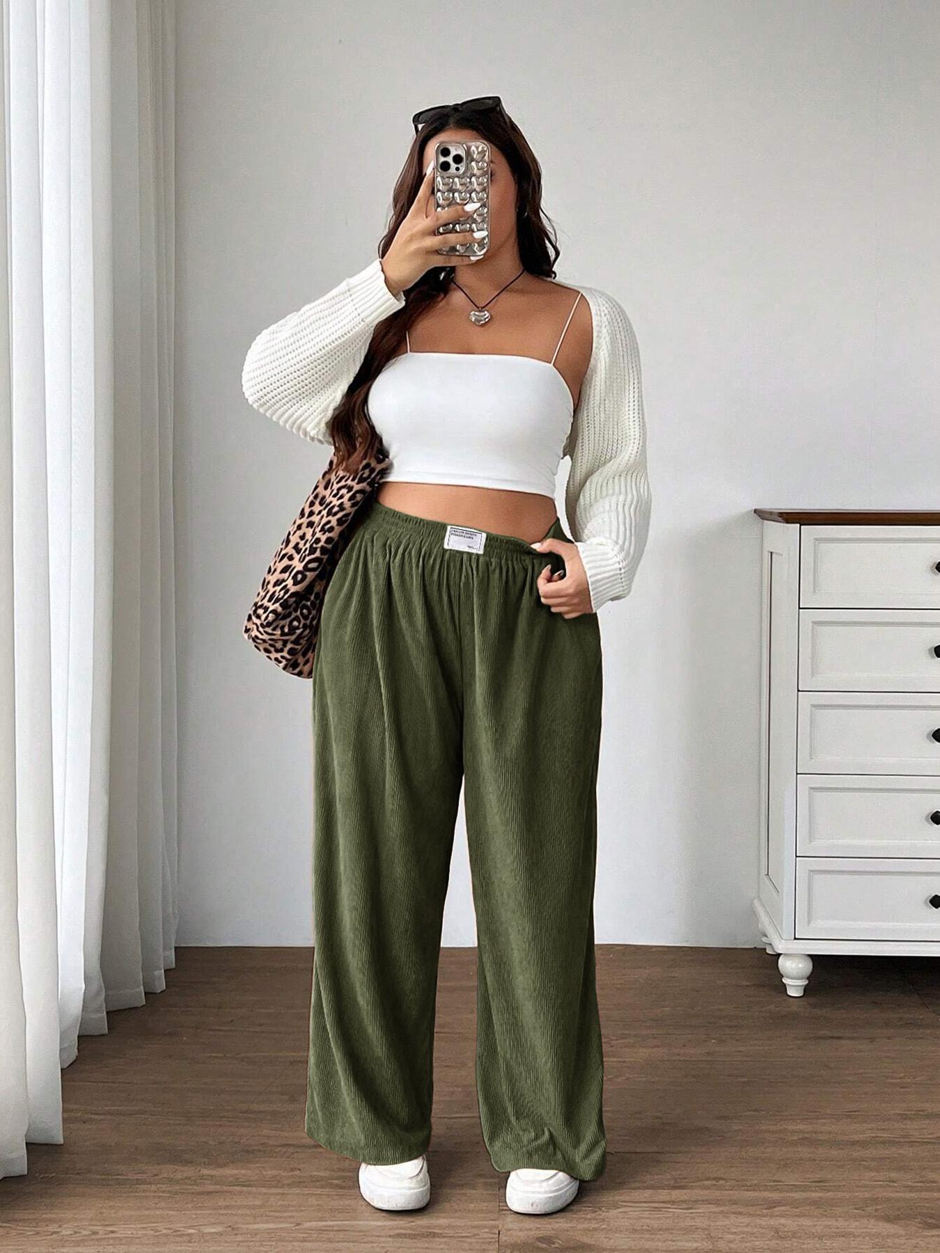 Plus Size Women's Fall Winter Elegant Casual Solid Color Corduroy Straight Leg Pants, Comfortable Daily Wear, Ladies Fashion Clothing