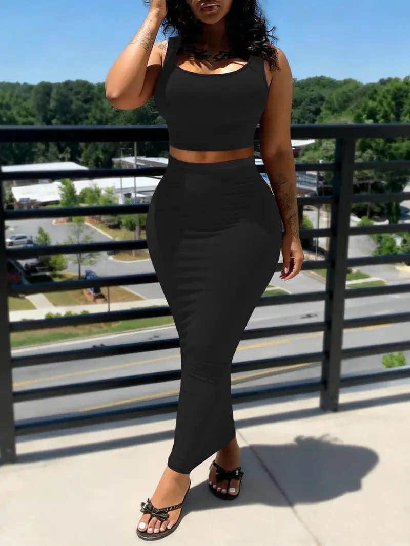 2-Piece Breathable Stretchy Sexy Sporty Casual Slim Fit Knit Crop Sleeveless Tank Top & High-Waisted Skirt Set for Beach, Vacation and Date, Street Style Womenswear