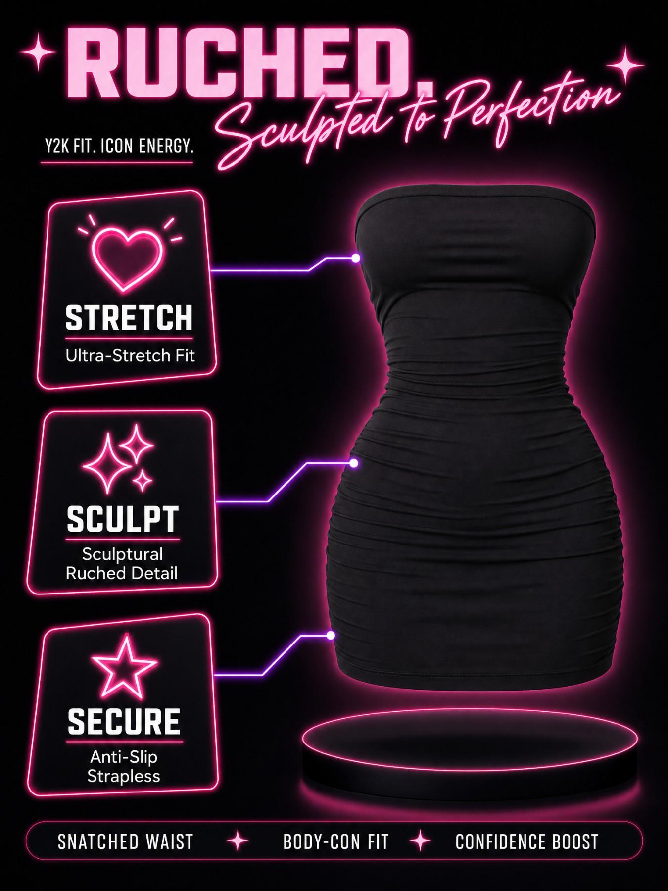Women's Sleeveless Strapless Tube Ruched Bodycon Mini Dress, Gorgeous Elastic Strap Short Dress, Perfect for Nightclub, Party, Casual, Home, Cocktail Parties