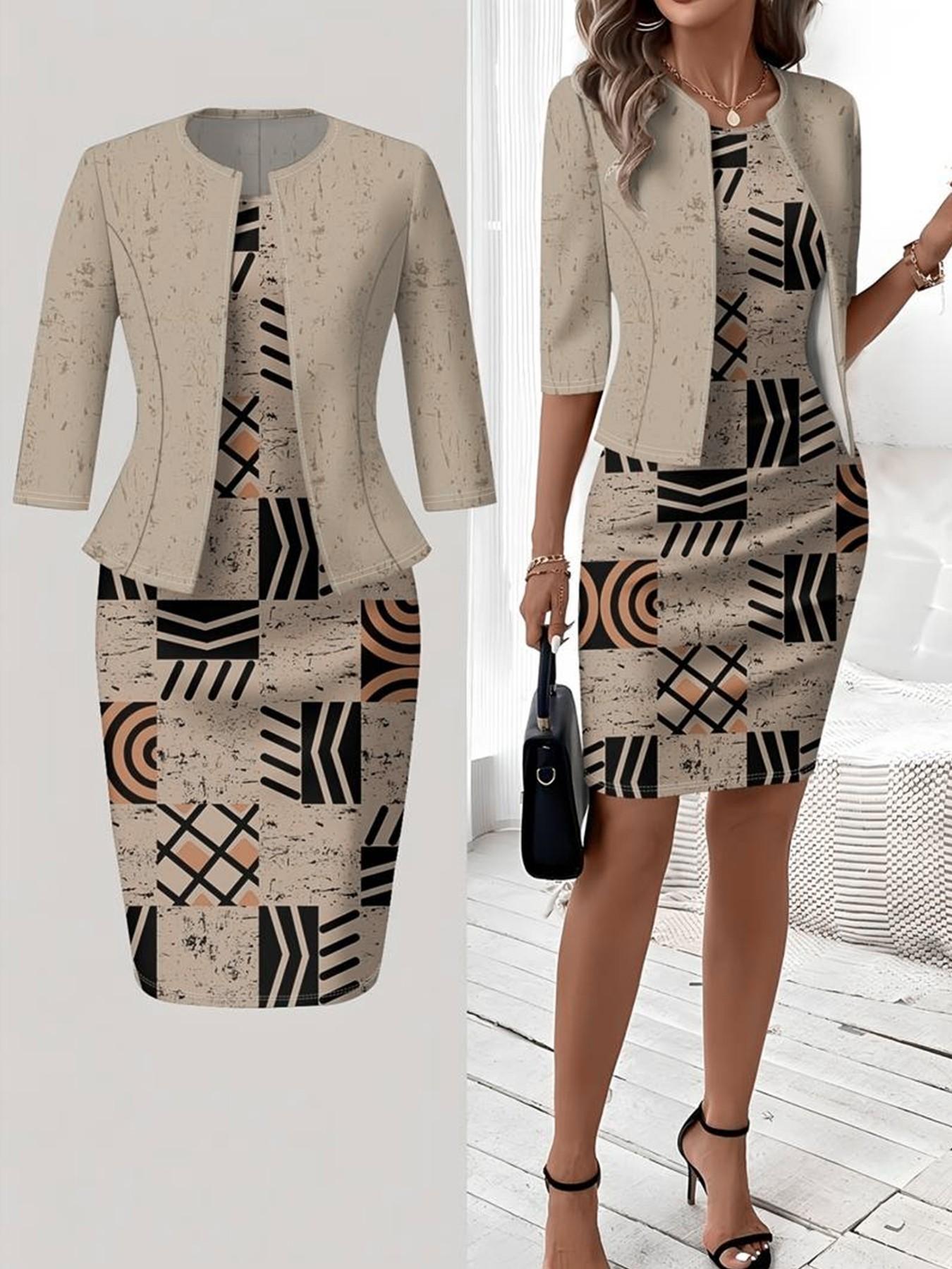 (short skirt) (small size) (general fabric) (printing design) Spring, summer and autumn knitted cardigan blouse with slim waist and printing design; classic straight dress, two-piece suit, suitable for women; elegant wedding guest dress