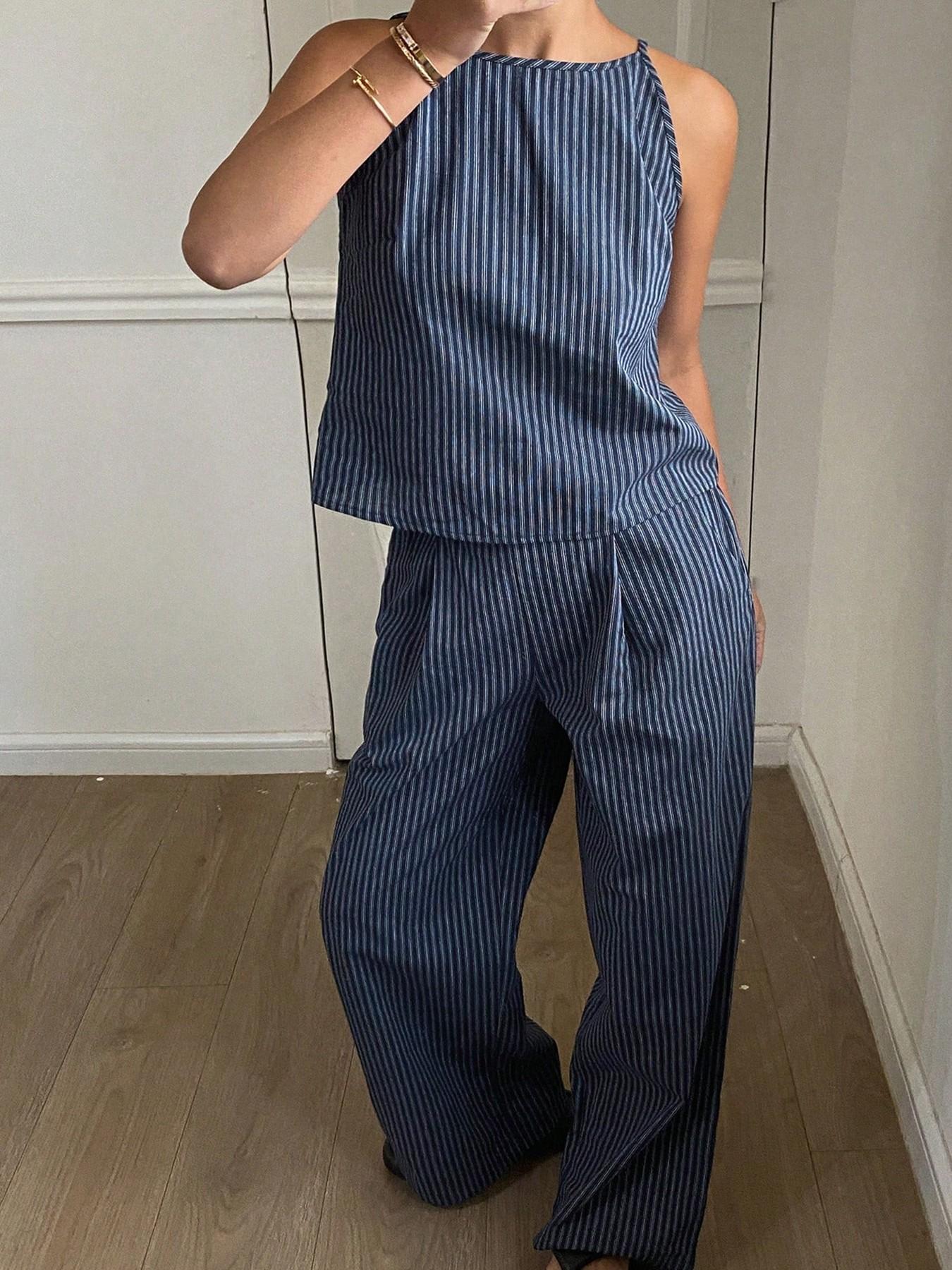 Two-Piece Women's Casual Summer Striped Lightweight Spaghetti Strap Sleeveless Top & Loose Long Pants Outfit Set, Comfortable Stylish Set Two-Piece Women's Casual Summer Striped Lightweight Spaghetti Strap Sleeveless Top & Loose Long Pants Outfit Set, Comfortable Stylish Set