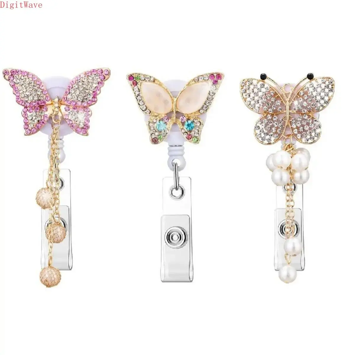 3pcs Rhinestone Butterfly Design Badge Holder, Premium Decorative Badge, Badge Decoration, 1 Count Retractable ID Badge Holder, Badge Reel, Name Badge Holder, ID Card Holder, Retractable Badge Holders, Office Stationery & Supplies
