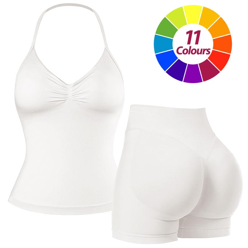 RICH BRIA Women's Seamless Halter Tank Top with High Waist Shorts Set for Yoga and Fitness, Breathable & Comfortable Activewear Summer Two-Piece Set