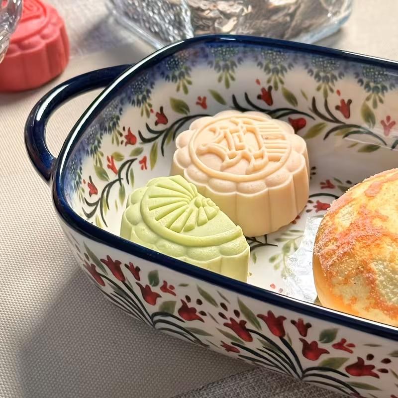 730ML Floral Ceramic Baking Dish, Rectangular Serving Dish with Handles, Ideal for Rice, Salad & Cheese, Elegant Kitchen Essential
