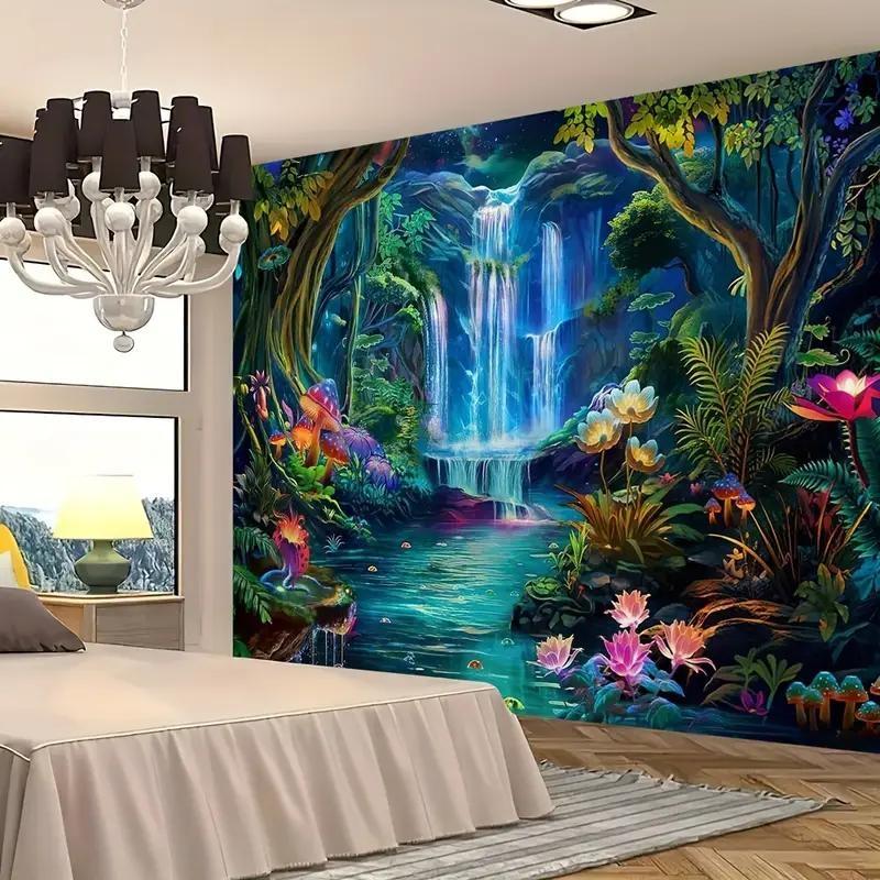 1 Counts Vibrant Jungle Landscape Tapestry - Jungle and Waterfall Prints, Lightweight Polyester Wall Hanging, Comes with Free Installation Kit - Perfect for Living Room, Bedroom, Office Decoration, Jungle Theme Decoration