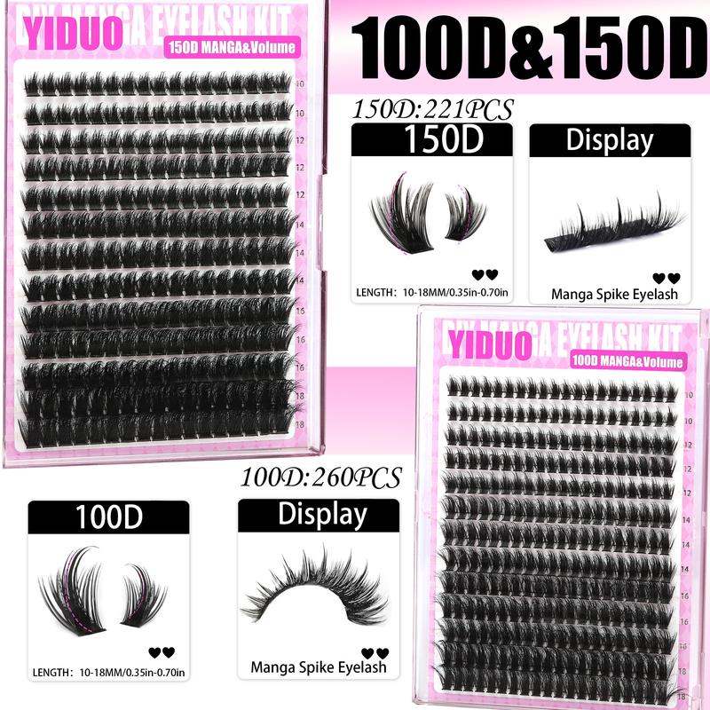 887 Pcs 4 Styles Lashes Kit 100D/150D/Manga/Volume Fluffy Eyelash Clusters Kit 10-18mm Cluster Eyelash Extension Kit D-Curl With Lash Bond and Seal*2, Lash Remover，Lash Tweezers,Eyelash Brush DIY at Home Easily
