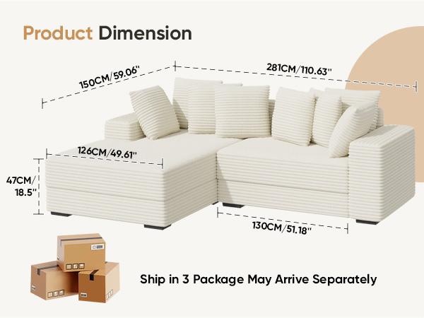 【3 Packages shipping】111‘’ Sectional Cloud Couches with L Shaped Chaise, Extra Large Sleeper Couch Reversible Corduroy with 8pcs Pillows for Living Room, Bedroom-Beige
