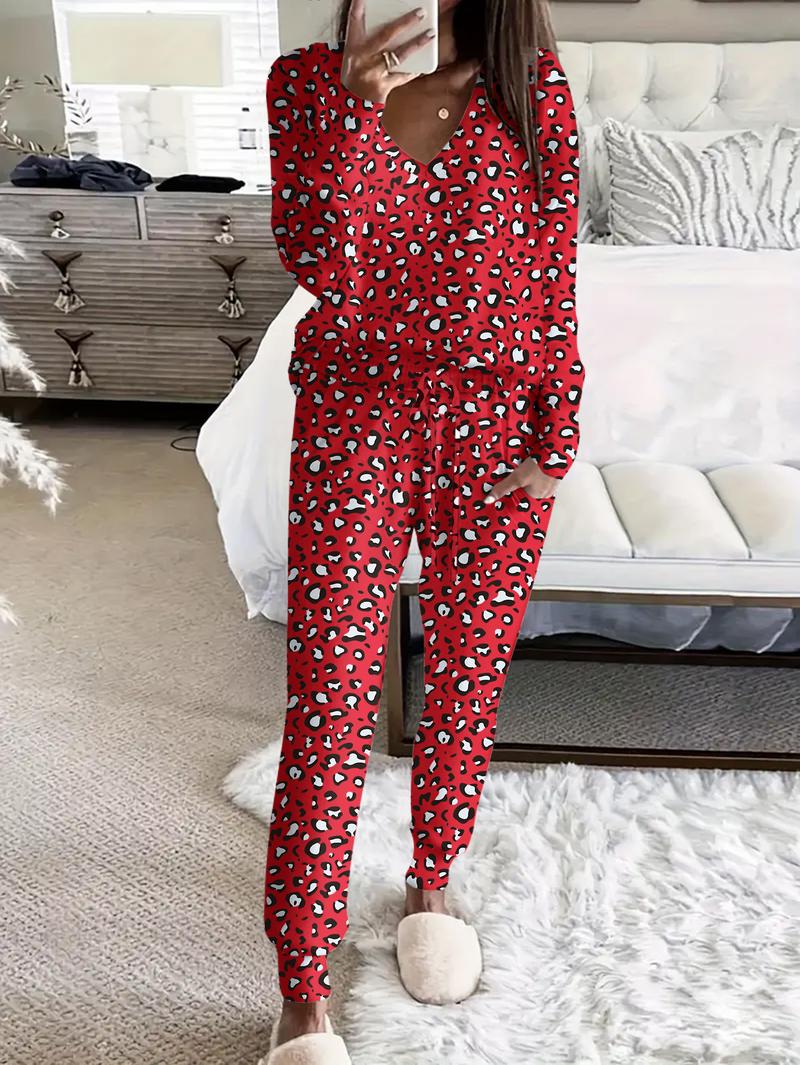 Women's Leopard Print Long Sleeve Top & Elastic Waist Butterfly Cuffed Pants, Soft Comfortable Knit Loungewear Pajamas Set for All Seasons, Casual Homewear for Women