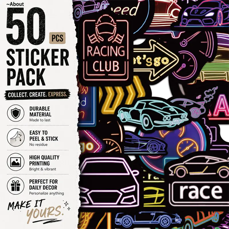 50PCS Neon Racing Aesthetic Vinyl Stickers Pack for Laptop Water Bottle Phone Case Skateboard Journal Scrapbook DIY Decoration