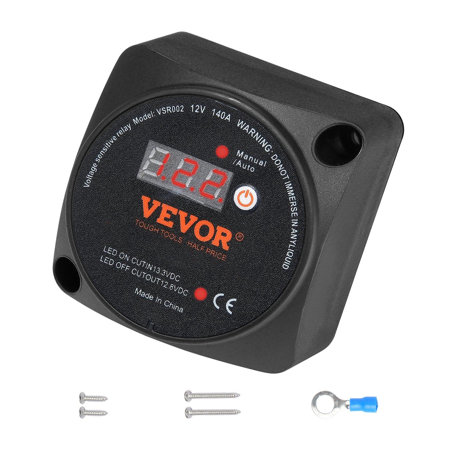 【FathersDayGift】 VEVOR Dual Battery Isolator Kit, 12V 140Amp, Manual and Auto Modes VSR Voltage Sensitive Relay with LCD Screen, Smart Battery Isolator for ATV UTV RV Camper Off-Road Vehicle Caravan Truck Boat Yacht