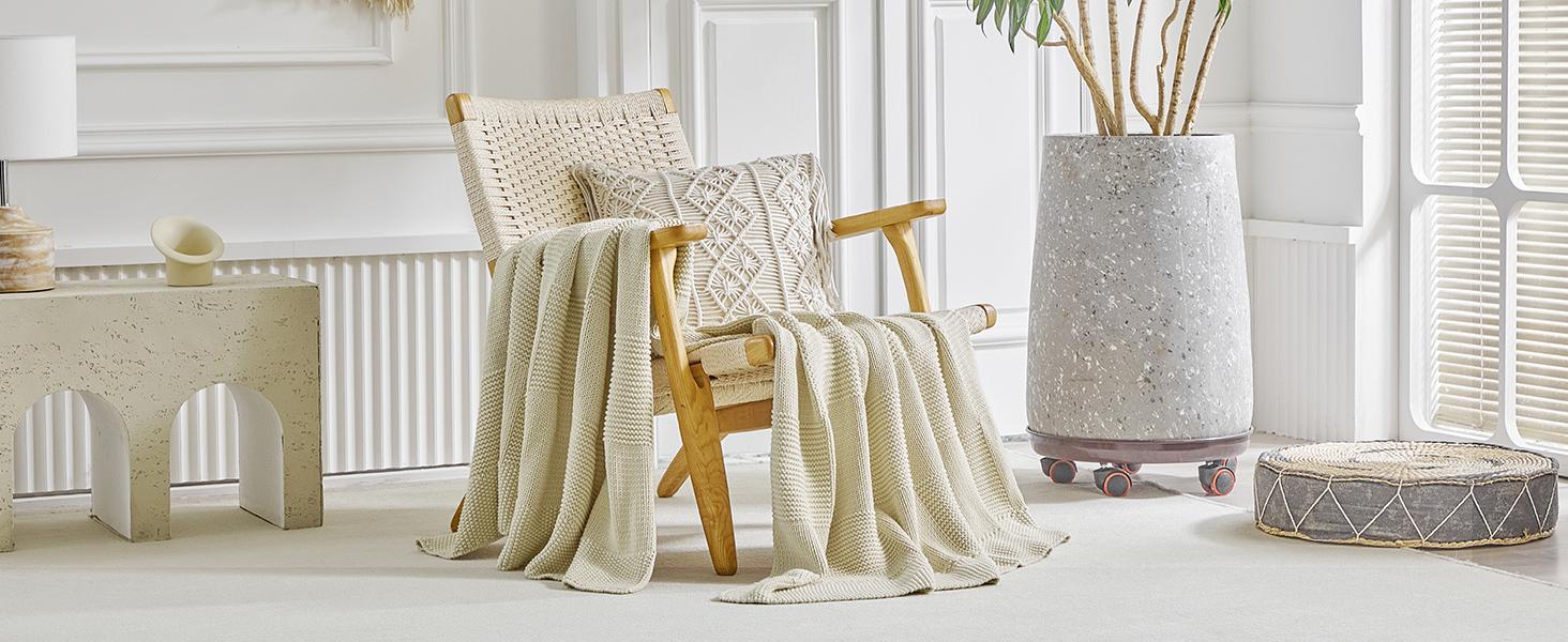 100% Cotton Chunky Cable Knit Throw Blanket for Sofa Couch Bed Baby Nursery, Farmhouse Chessboard Grid Woven Blanket with Bonus Laundering Bag, 51 x 63 Inches, Cream