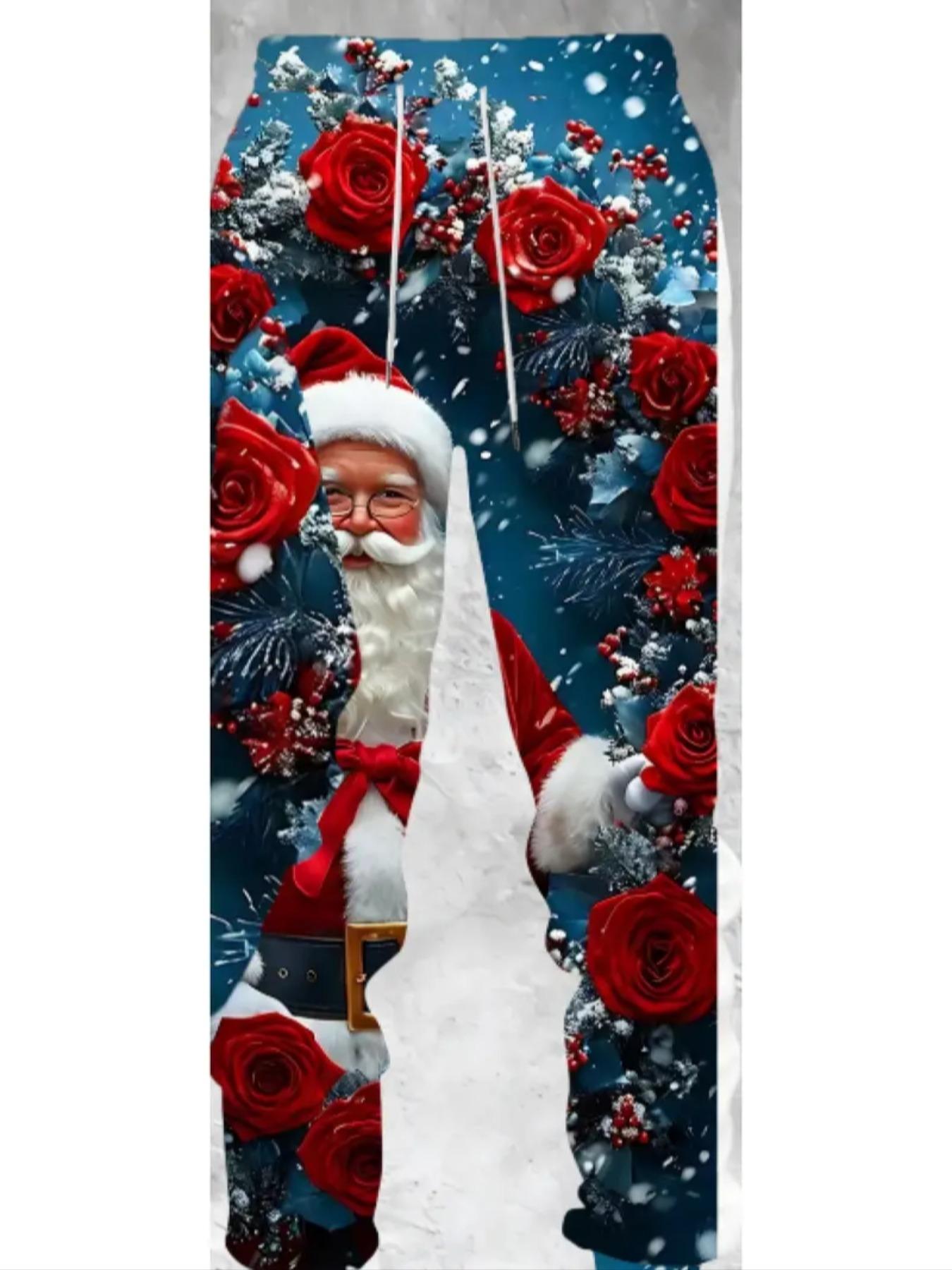 Christmas Santa Claus 3D Print Hoodie Set, Outfit, Rose Design, Fitted Long Sleeve, Comfortable Fit, Holiday, Fall & Winter