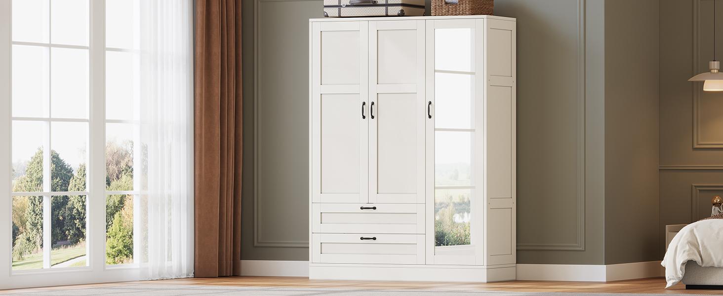 FUSOU 5-in-1 Wardrobe Closet with Full Length Mirror and 2 Drawers, Freestanding Storage Cabinet with Adjustable Shelves, Modern White Wood Armoire for Bedroom Organization