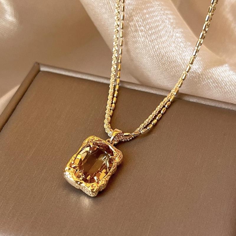 Layered Cube Necklace - Double Chain Pendant Jewelry for Women