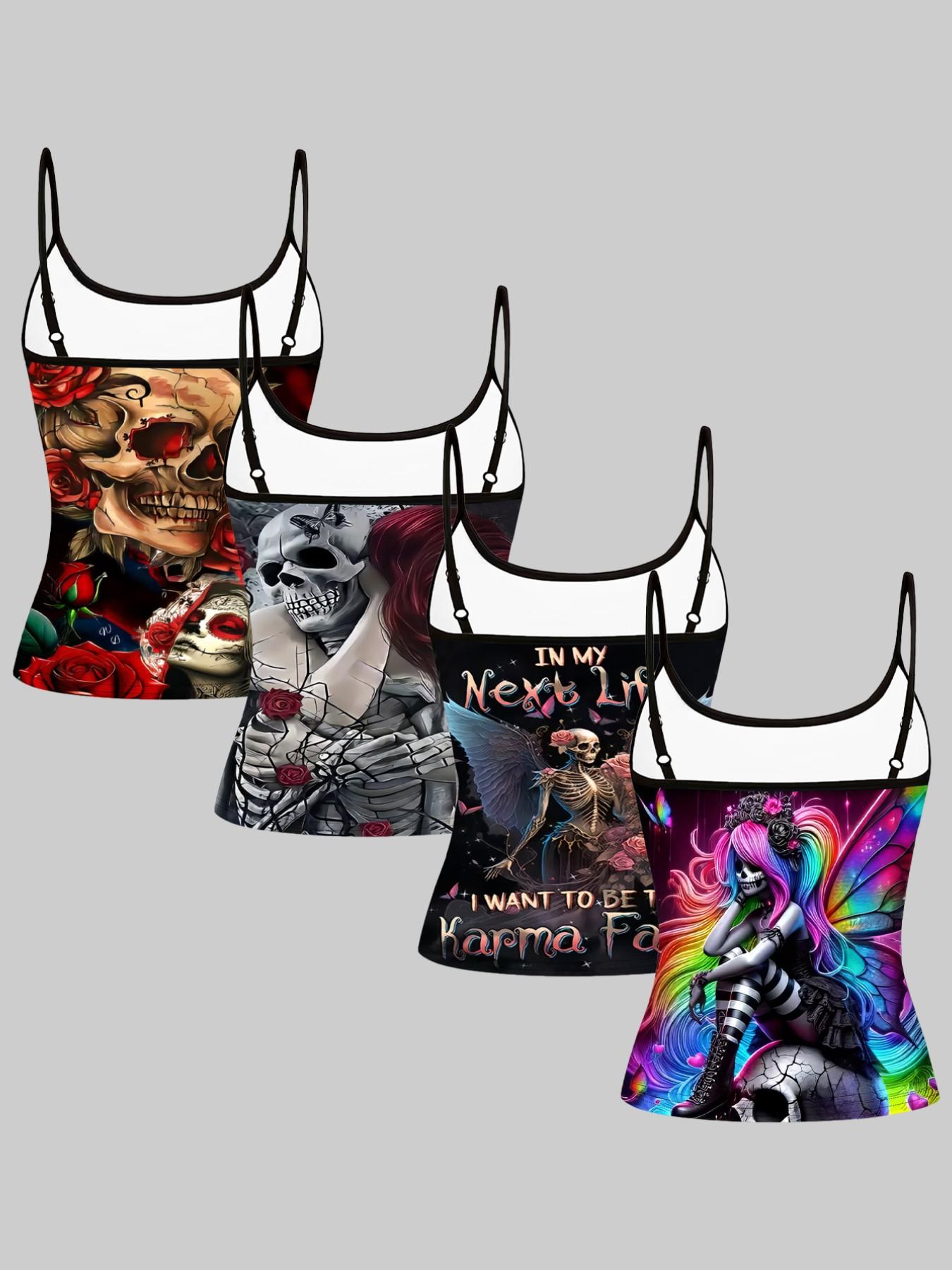Gothic Skull Rose Print Straps, Summer Home Sleepwear Outer Wear, Unique Slim-Fit Top Set of Four Pieces, Casual All-Over Print Clothing
