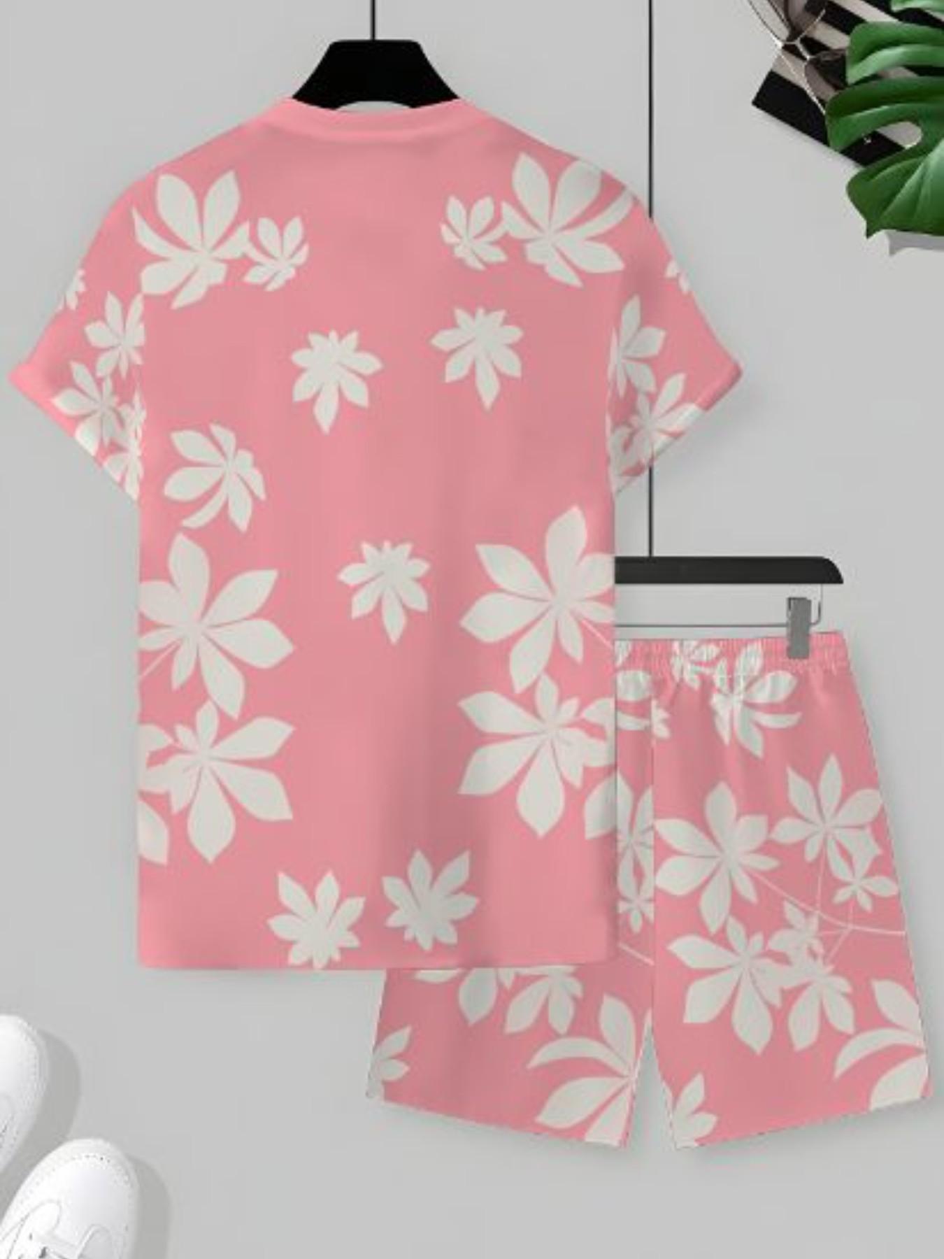 Summer Men's Fun Cartoon Sportswear Set, Streetwear Tracksuit Set, Short Sleeve T-Shirt & Floral Pants, Casual Summer Style for Travel