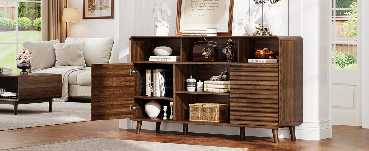 【SPOTLIGHT DAY】ONBRILL 58 Inch Curved Sideboard Buffet Cabinet w/2 Wave Doors and Open Storage Spaces, Angled Side Frame, Sideboard Storage with Adjustable Shelves, Coffee Bar Cabinet for Dining Room, Living Room