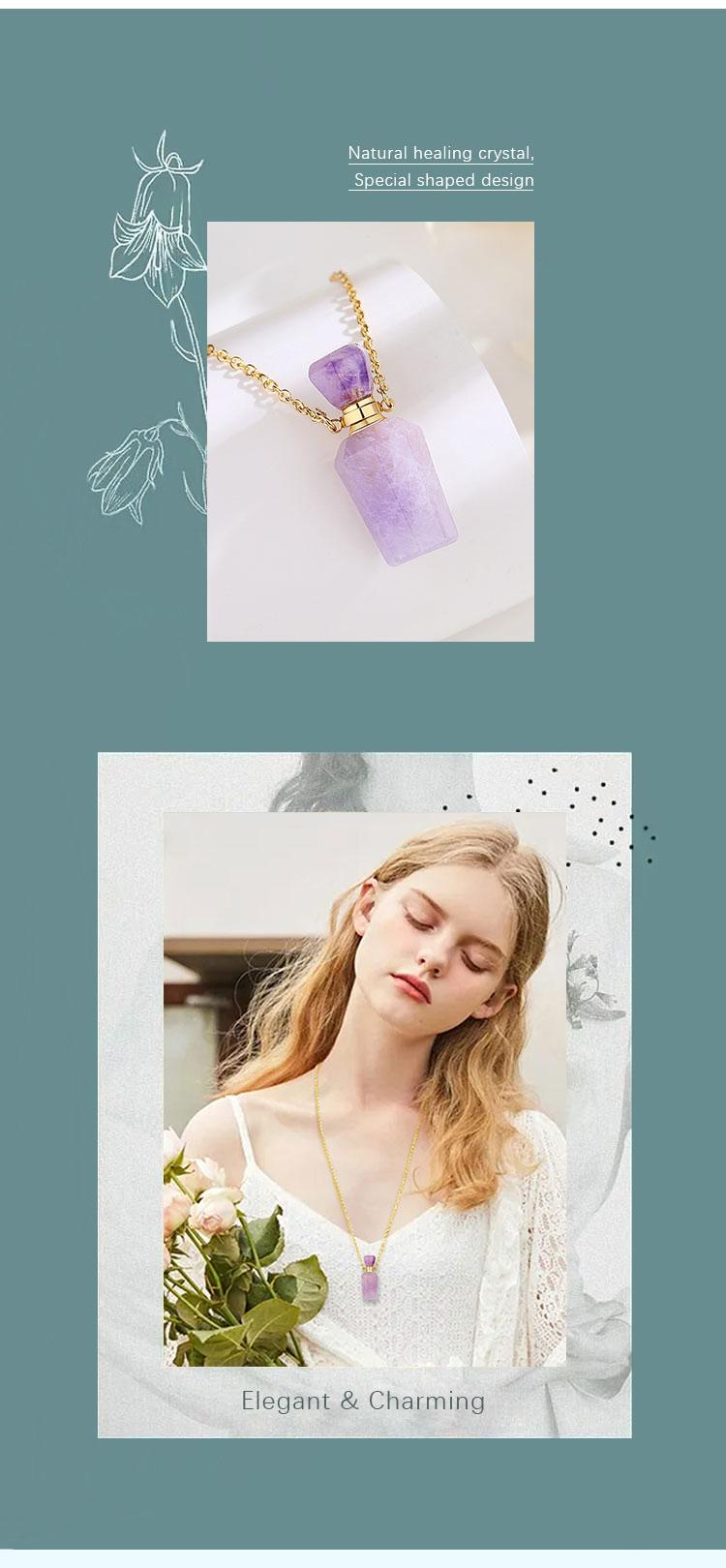 Crystal Perfume Bottle Pendant Necklace for Essential Oils and Fragrance, Unique Natural Crystal for Aromatherapy, Amethyst Healing Jewelry Crystal Perfume Bottle Pendant Necklace for Essential Oils and Fragrance, Unique Natural Crystal for Aromatherapy, Amethyst Healing Jewelry