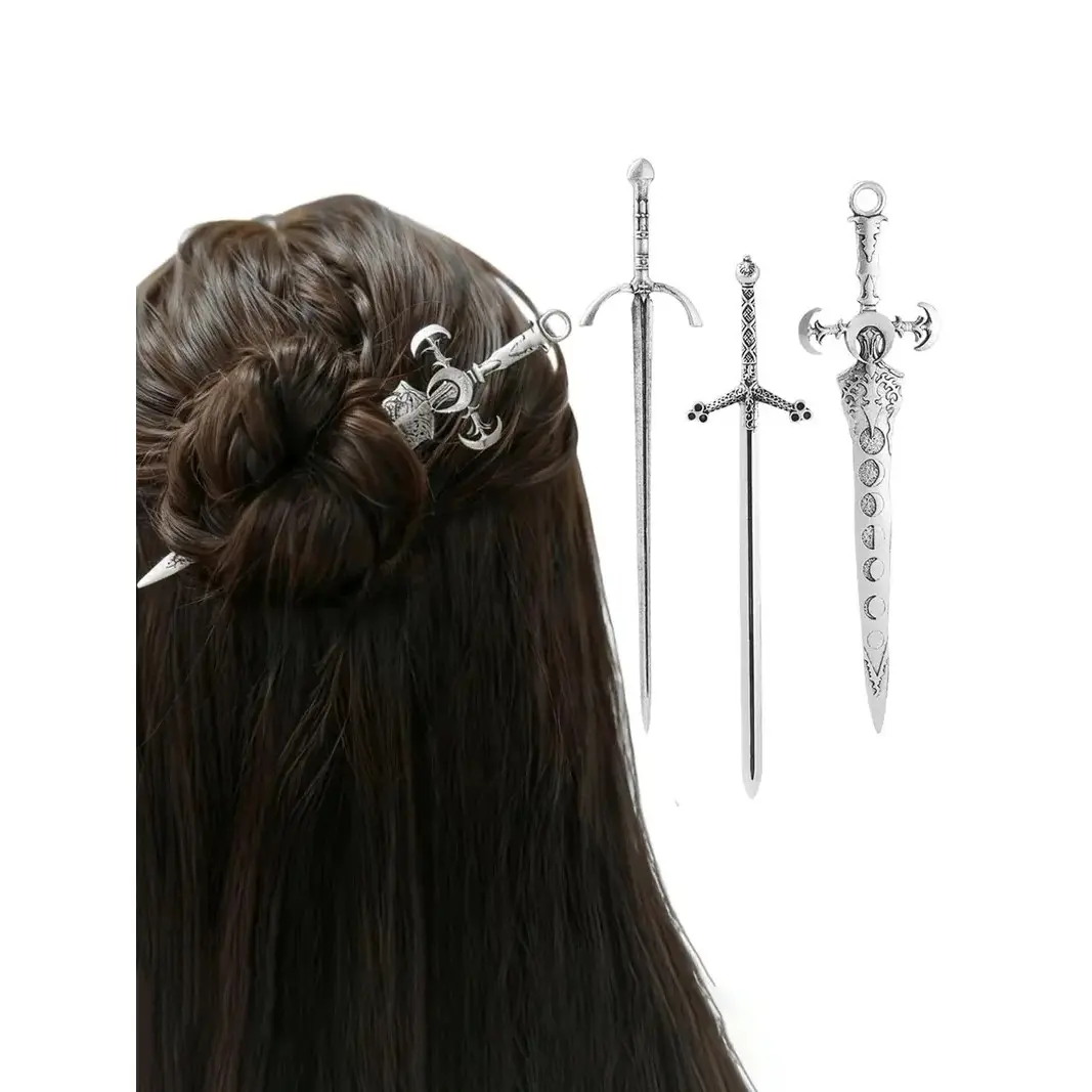 3-Piece Sword Hair Pin Set – Gothic and Viking Hair Accessories for Women, Medieval Hair Sticks & Renaissance Hair Jewelry