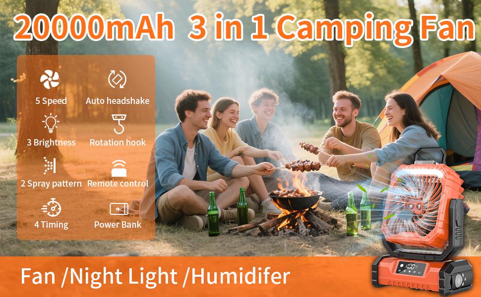 20000mAh Rechargeable Camping Fan with LED Light, Portable Multi-Function Fan with Spray Humidification, Shaking Head Emergency Camping Fan, Wireless Rotation, Battery Powered, Lightweight and Portable