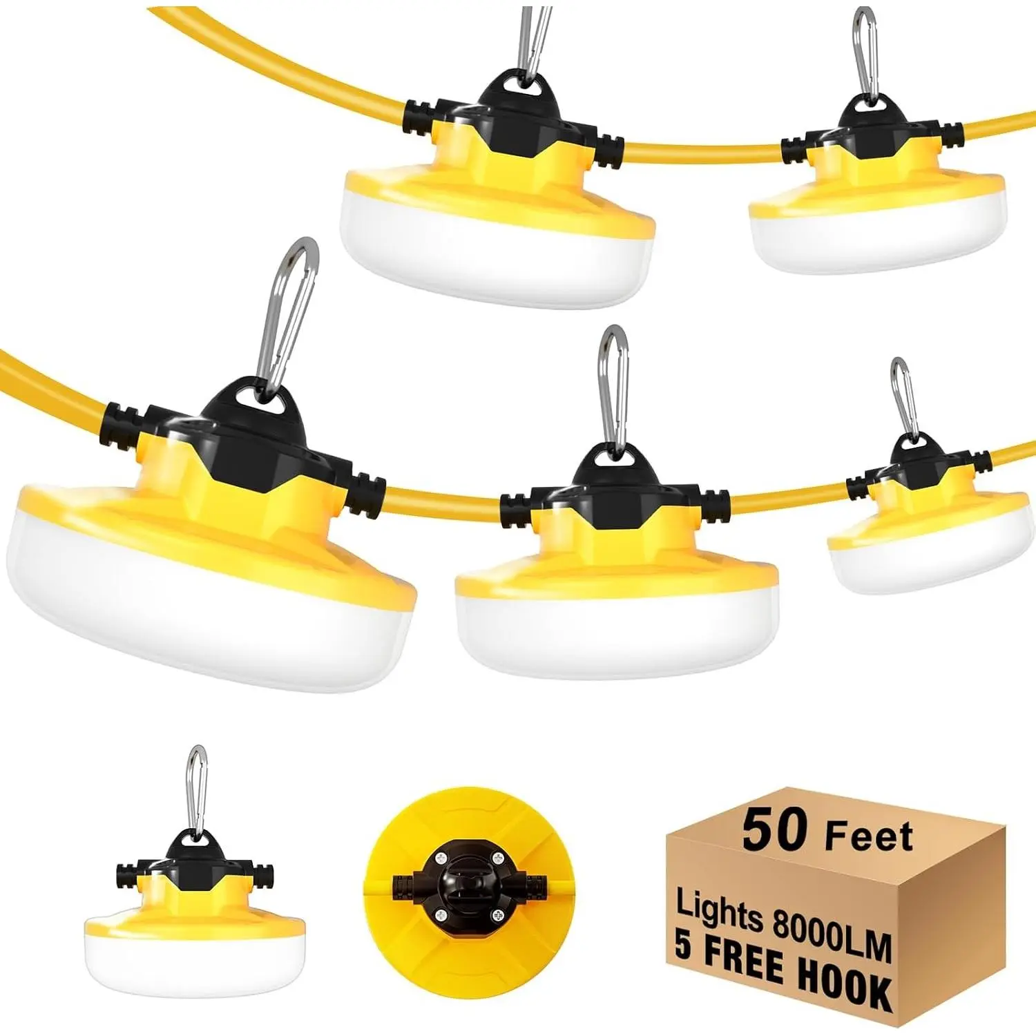 LED Construction String Light 50FT, 65W 8000Lm Industrial Work Lights with 5 Bulbs, 5000K Linkable Temporary Lighting for Construction Site, Job Site, Attic, Crawl Space