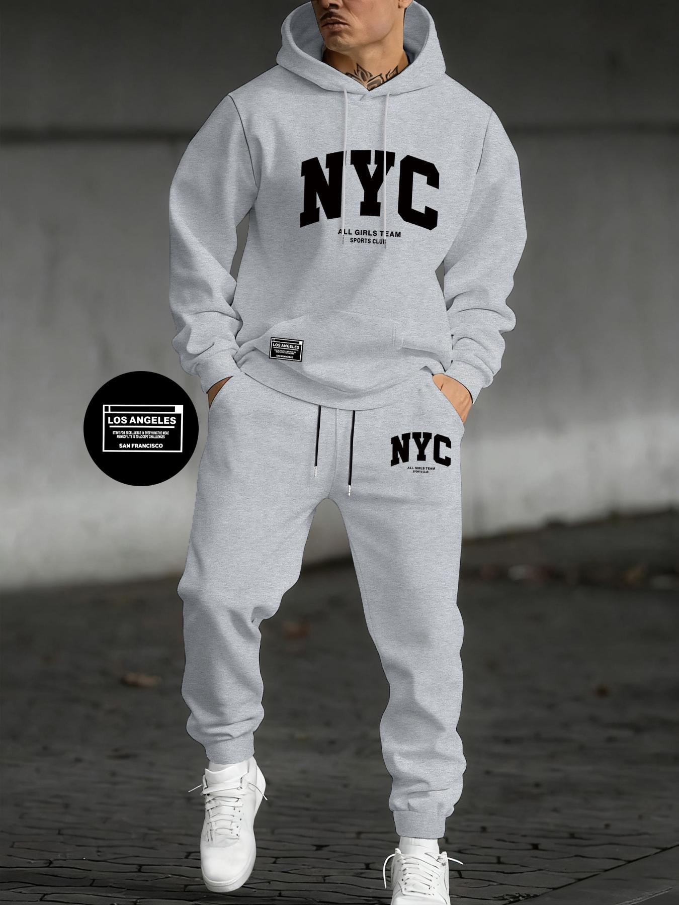 Men's Letter Print Hoodie Set, Kangaroo Pocket Drawstring Hooded Sweatshirt + Waistdrawstring Sport Pants 2 Piece Set, Fall & Winter Casual Fashion, Streetwear Tracksuit Set, Sweatsuit Set, Loose Casual Athleisure