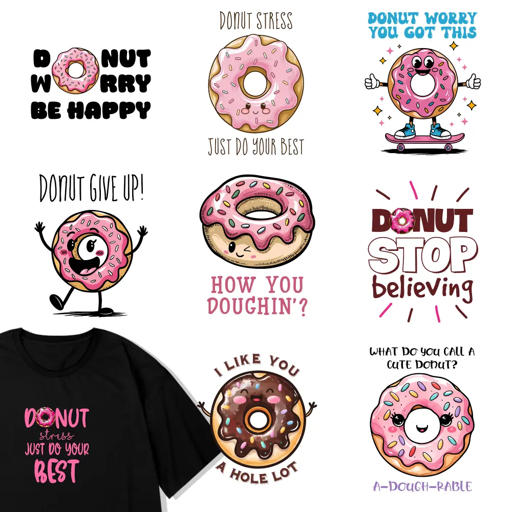 9 Pcs Donut Stress Donut Worry Donut Give How You Donut Stop I Like What Do A Dough Iron on Transfers Iron On Transfer Patches Iron on Decals for T Shirts Transfers Sticker On Clothes Press Washable Stickers Hoodie DIY Crafts DTF