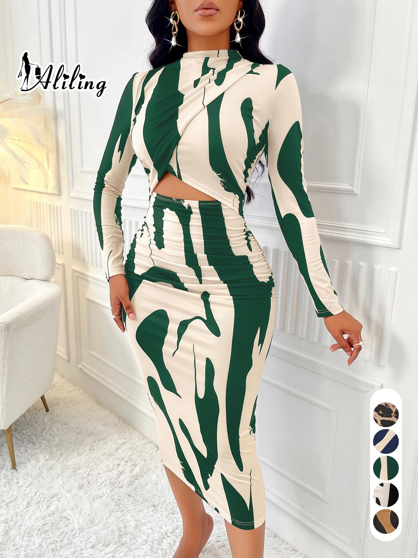 Aliling Women's Colorblock Print Cut Out Bodycon Dress, Elegant Chic Fashion Casual Long Sleeve Dress for Daily Outdoor Wear, Women Dress for Spring Fall