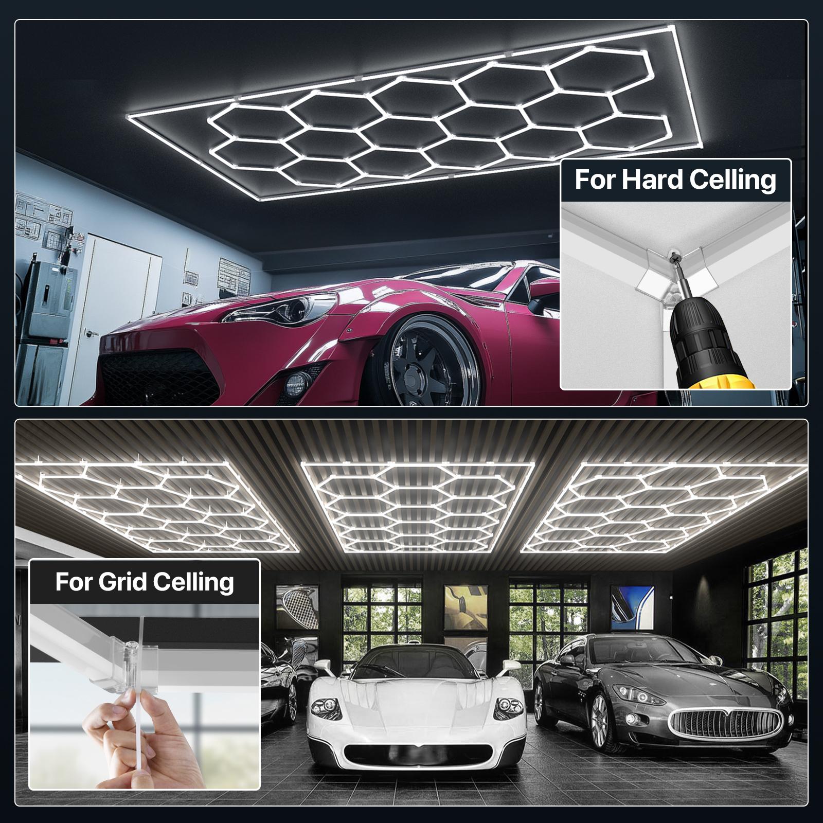 HYPERLITE 624W Hexagon LED Light ，Garage Light – Ultra-Bright Honeycomb Ceiling Lighting, 62,400LM Flicker-Free Daylight, DIY Plug-In Installation for Garage, Workshop, Basement, Car Detailing & Showrooms，SpringGlowUp