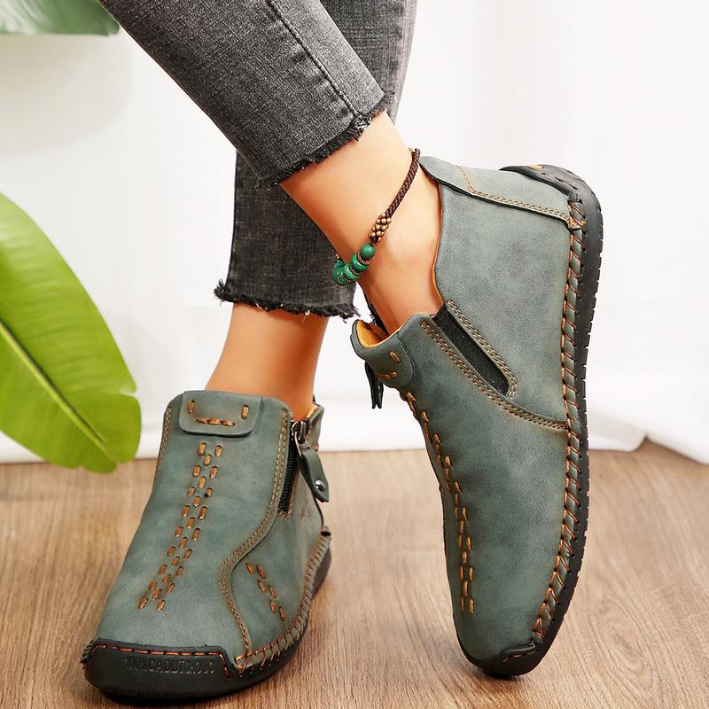 Women's Short Boots Fashion Side Zipper Design Classic Workwear Style Slip Resistant Durable Casual Boots. Girl Walking Shoes Comfort Dark Green Springfresh