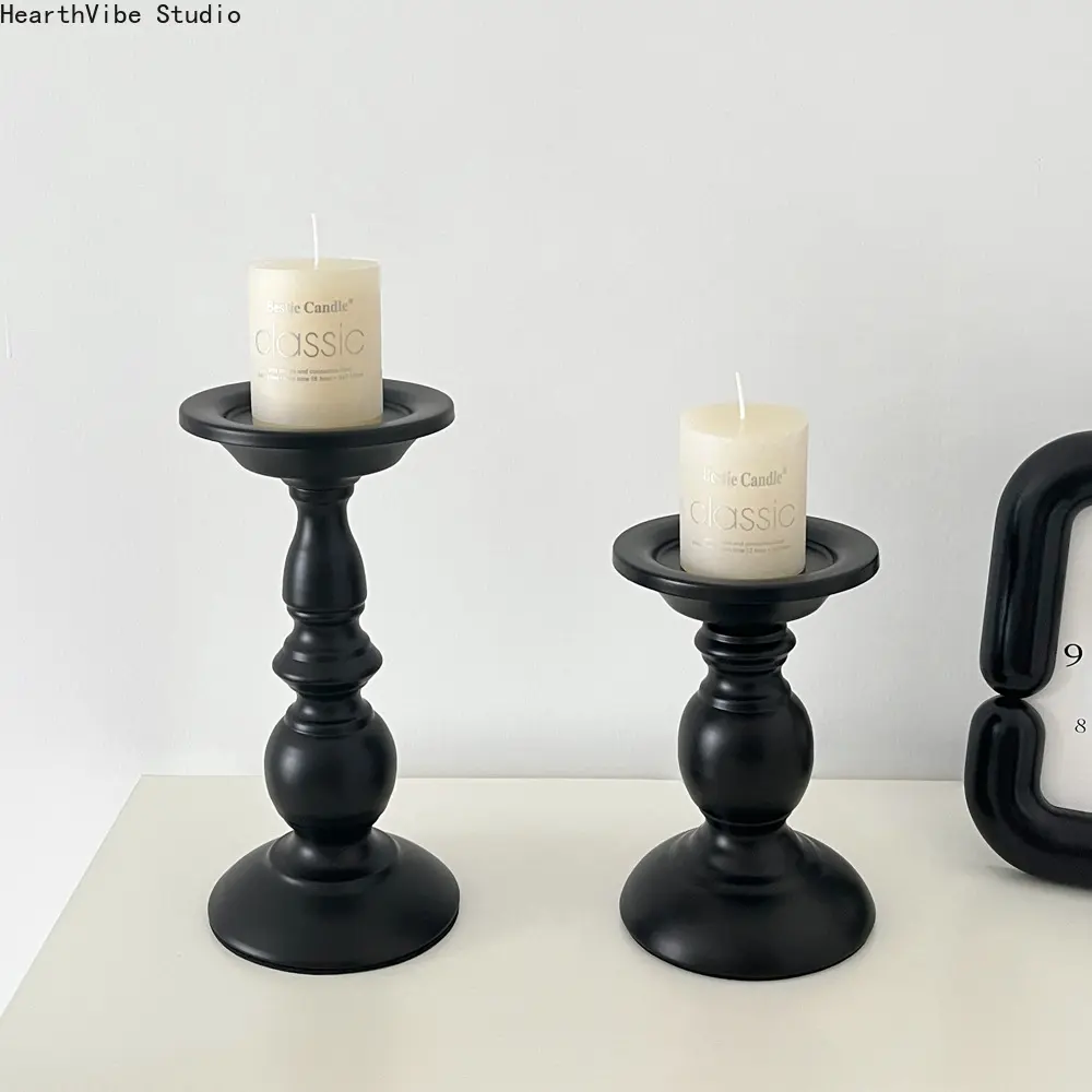 2Pcs Matte Black Retro Metal Candle Holders Set - Pillar, Taper & Votive Stands, Wedding Decoration & Housewarming Gift for Dining Table Mantel (Camping & Hiking Hammock Accessory Complement)