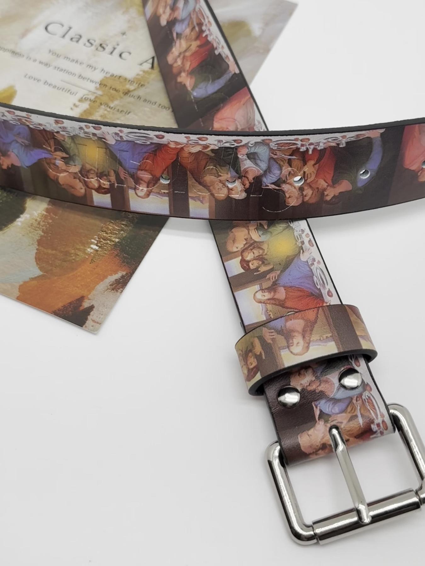 Women's Vintage  Leather Belts for Jeans Pants Fashion Trendy Exquisite Belt Ladies Belt with Silver Buckle & Oil Painting Print Street Style Belt Vintage Western Belt